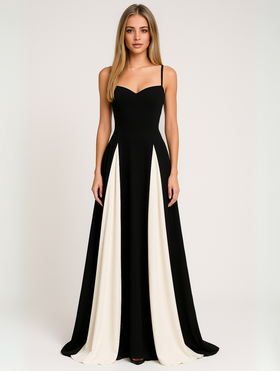 "Robe élégante longue fluide avec empiècements contrastés, corsage structuré et bretelles délicates pour soirée."