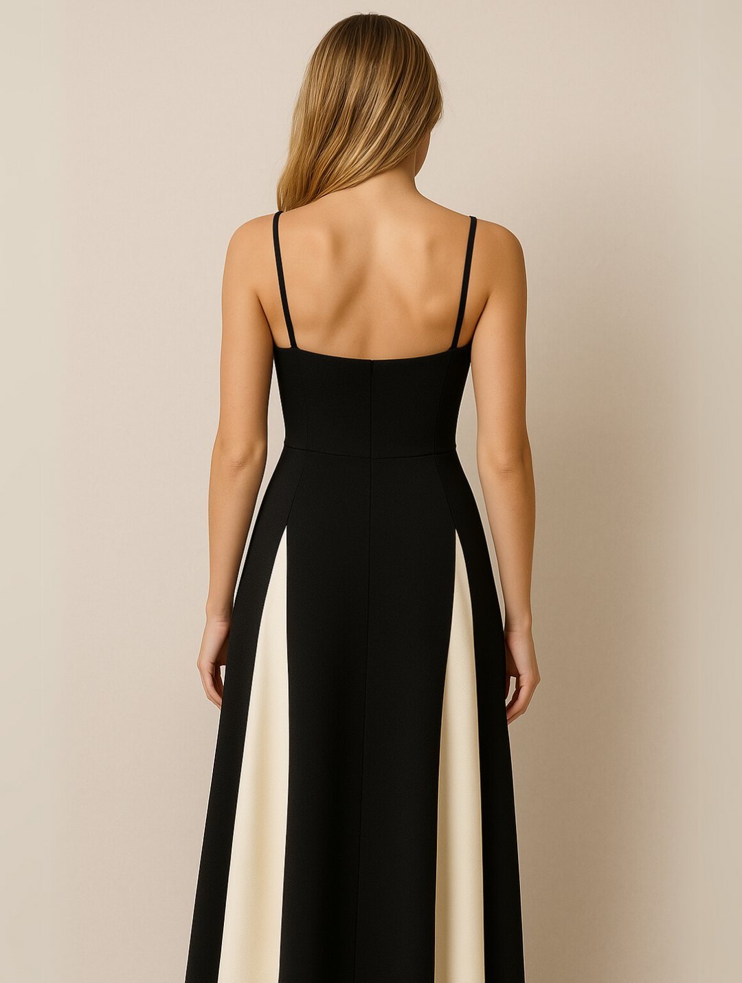 "Robe élégante longue fluide avec empiècements contrastés, corsage structuré et bretelles délicates pour soirée."