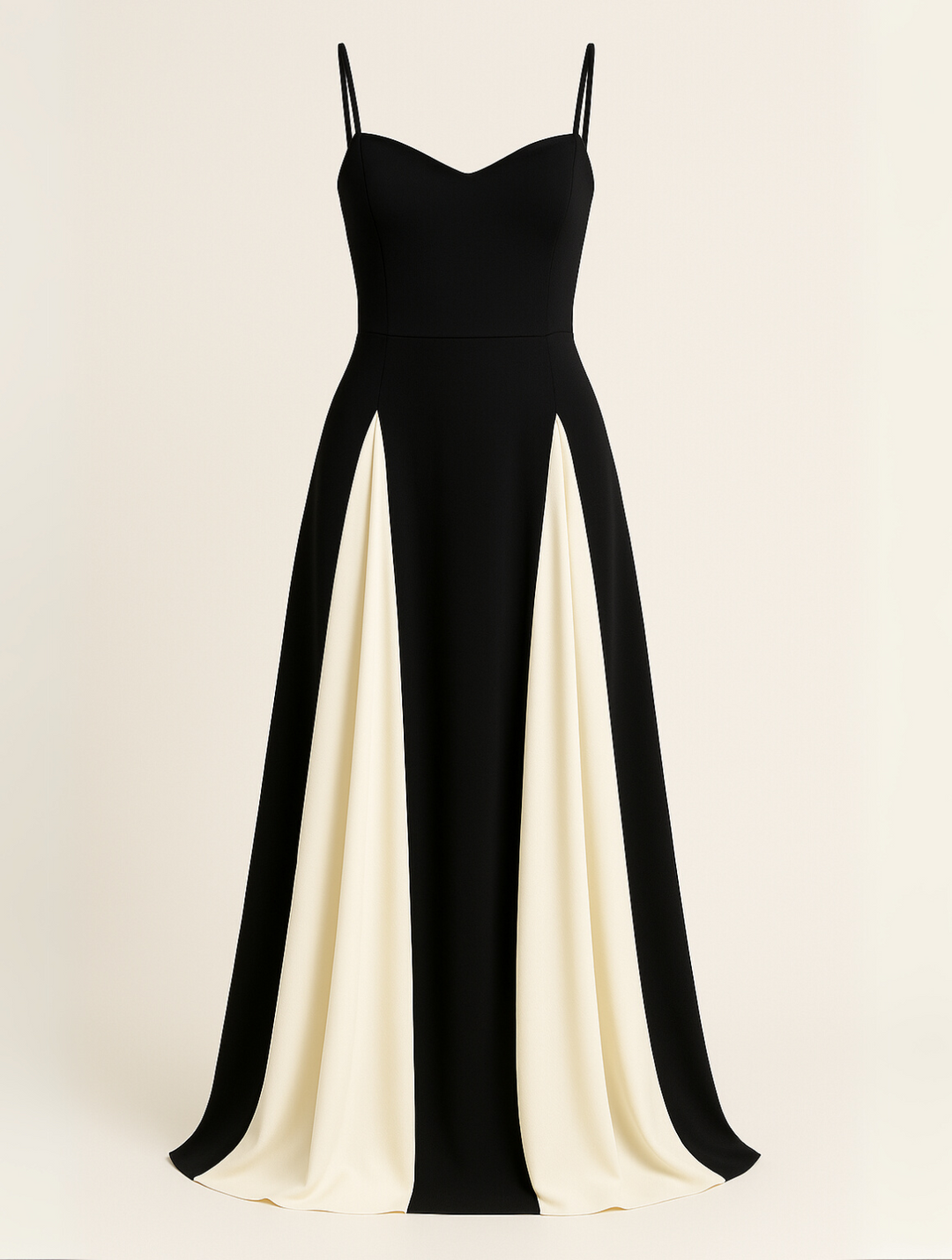 "Robe élégante longue fluide avec empiècements contrastés, corsage structuré et bretelles délicates pour soirée."