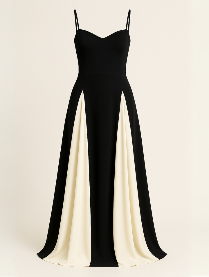"Robe élégante longue fluide avec empiècements contrastés, corsage structuré et bretelles délicates pour soirée."