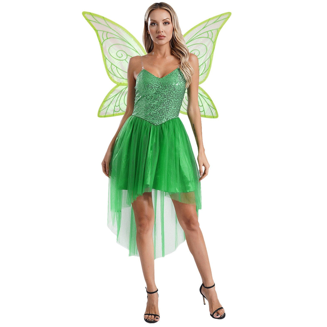 "Robe elfique verte pour enfants avec ailes papillon, détails scintillants et tulle, parfait déguisement féérique."