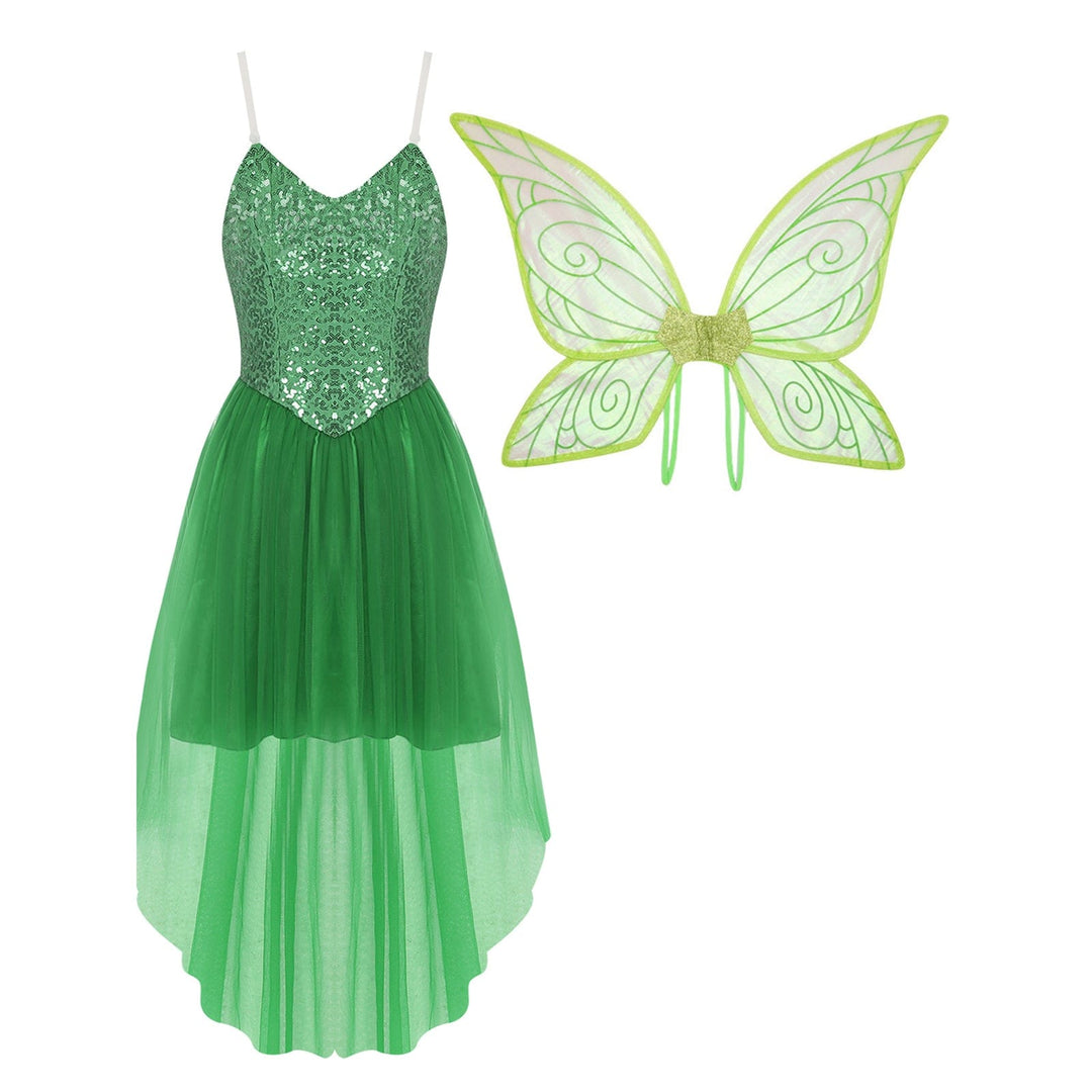 "Robe elfique verte pour enfants avec ailes papillon, détails scintillants et tulle, parfait déguisement féérique."