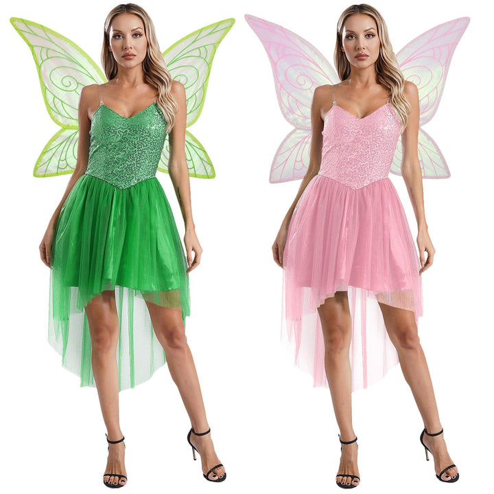 "Robe elfique verte pour enfants avec ailes papillon, détails scintillants et tulle, parfait déguisement féérique."