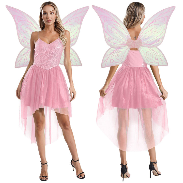 "Robe elfique verte pour enfants avec ailes papillon, détails scintillants et tulle, parfait déguisement féérique."