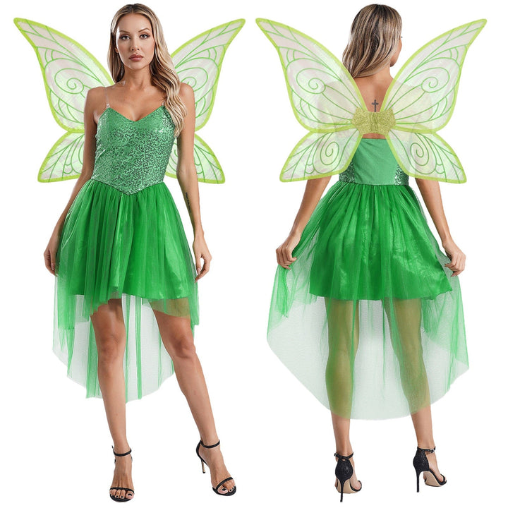 "Robe elfique verte pour enfants avec ailes papillon, détails scintillants et tulle, parfait déguisement féérique."