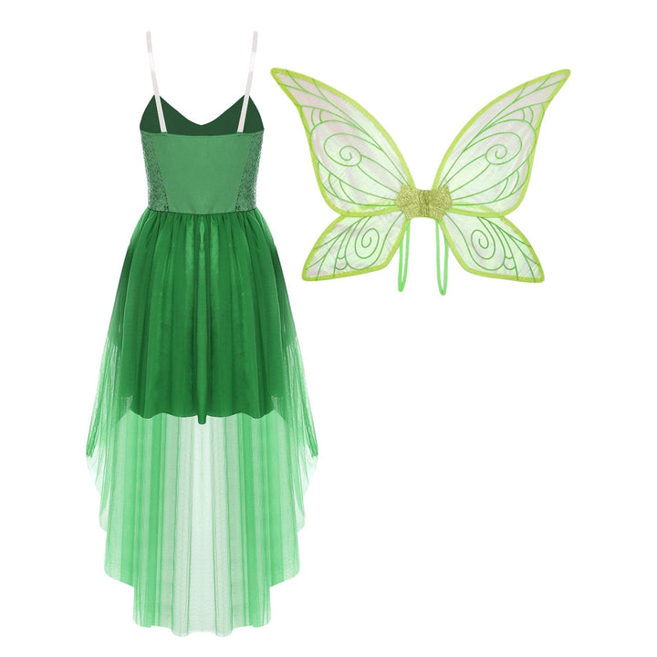 "Robe elfique verte pour enfants avec ailes papillon, détails scintillants et tulle, parfait déguisement féérique."
