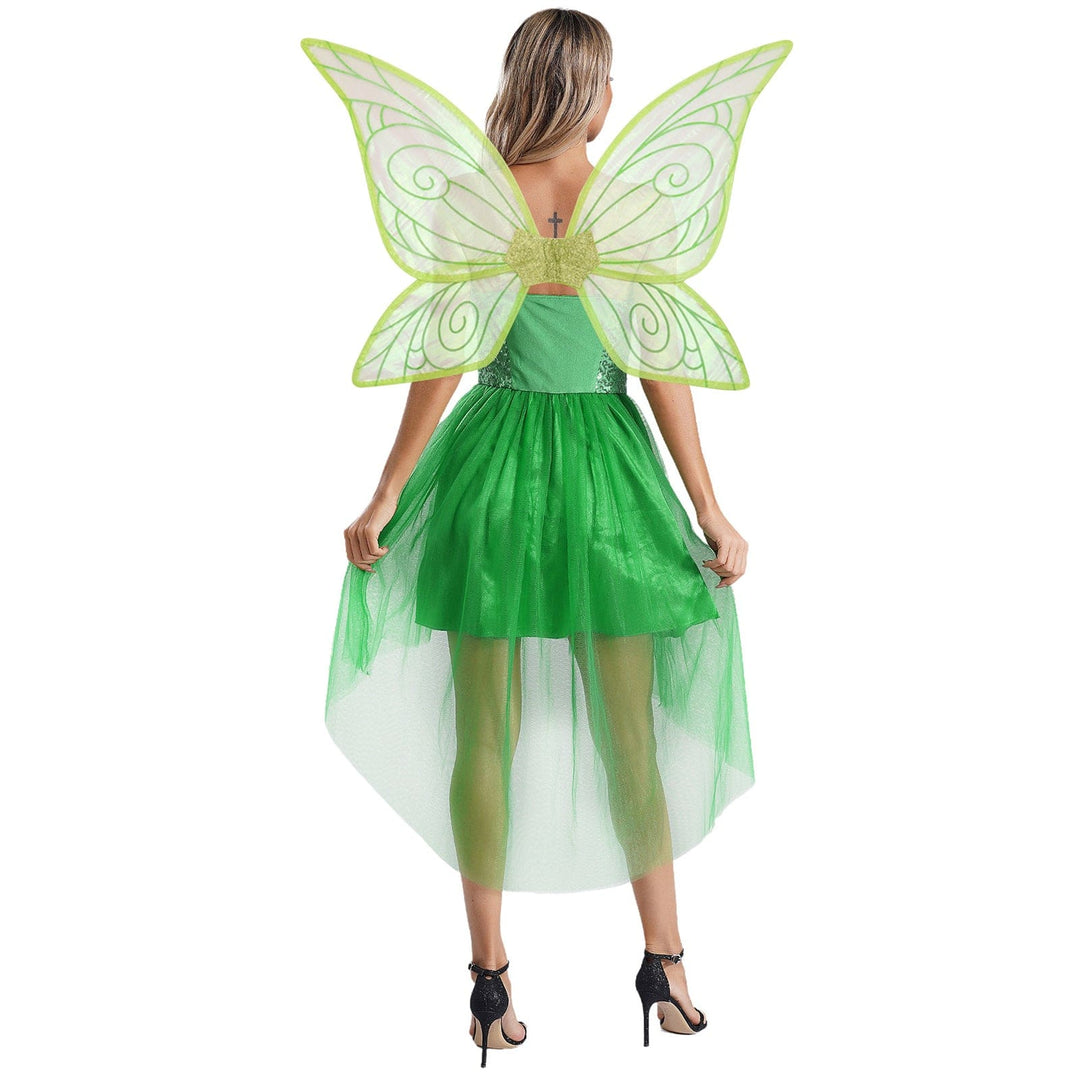 "Robe elfique verte pour enfants avec ailes papillon, détails scintillants et tulle, parfait déguisement féérique."
