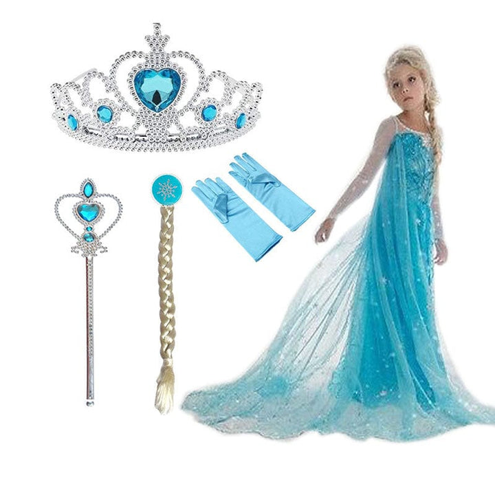 "Robe Elsa bleue glacée pour filles, avec accessoires, idéale pour déguisement Reine des Neiges et occasions spéciales."