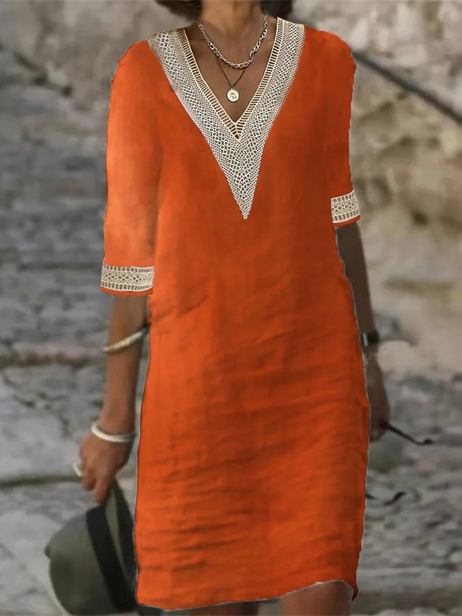 "Robe en lin avec col V en dentelle, élégante et décontractée, idéale pour l'été, manches 3/4, coupe ample, confort chic."