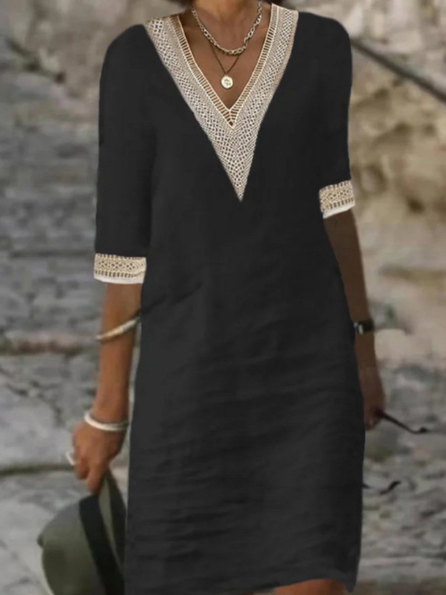 "Robe en lin avec col V en dentelle, élégante et décontractée, idéale pour l'été, manches 3/4, coupe ample, confort chic."
