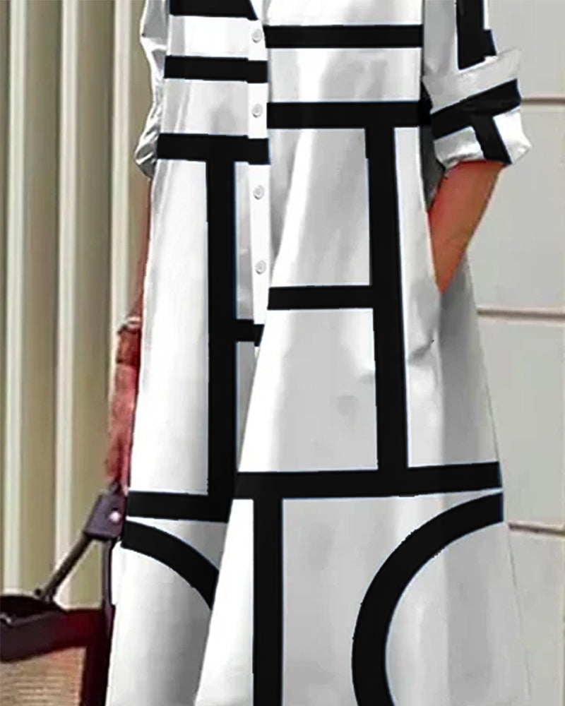 "Robe Estelle avec imprimé géométrique et poches latérales, élégante et moderne, vue d'ensemble."