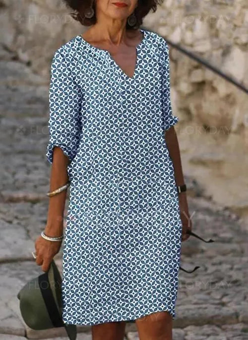 Robe été aérée multi-couleurs, légère et décontractée, idéale pour temps chaud, design chic bleu/gris/marron.