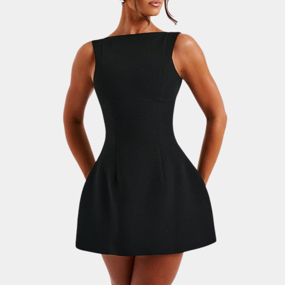 "Robe été élégante femme JANELLE noire, design sophistiqué, coupe flatteuse pour événement formel ou décontracté."
