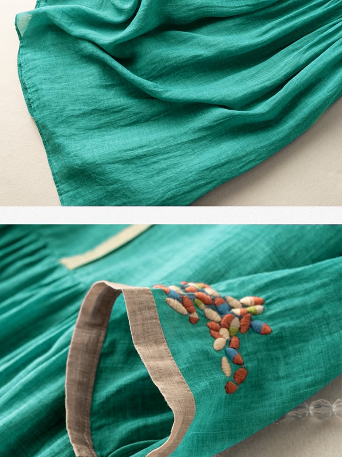 "Robe ethnique femme en coton et lin avec broderies fines, coupe ample, élégante et bohème."