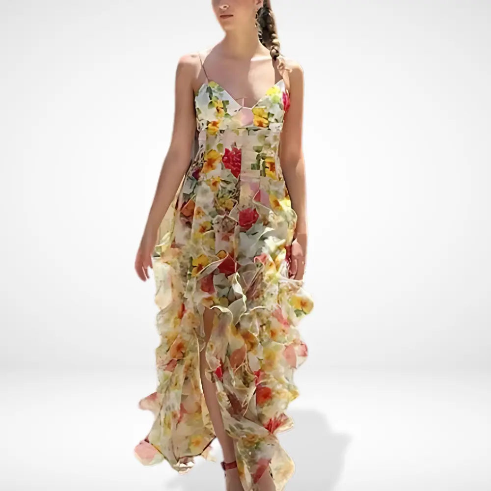 Robe longue à volants et motif floral, élégante et féminine, parfaite pour l'été, avec bretelles fines et volants superposés.