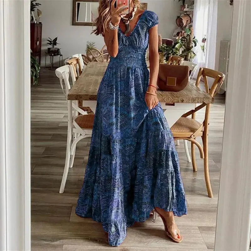 Robe longue bohème en tissu léger, coupe fluide, style chic décontracté. Idéale pour silhouette élégante et confort.