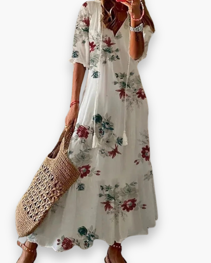 "Robe longue bohème femme, imprimé floral, élégante et fluide pour l'été, coupe ample, style romantique décontracté."