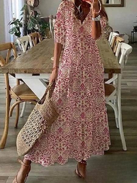 "Robe longue bohème imprimé barbe, col V, manches mi-longues, élégante et confortable, idéale pour l'été."