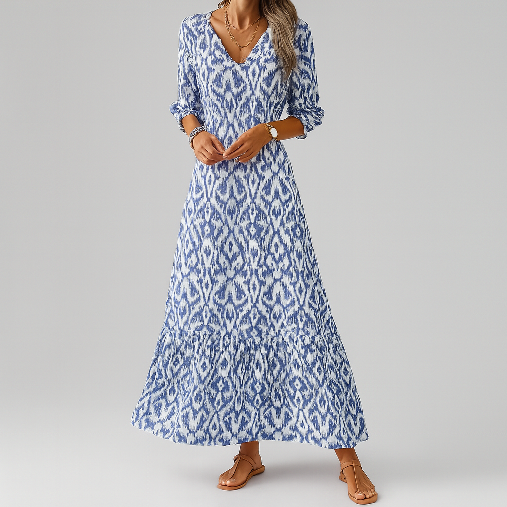 Robe longue bohème imprimé ikat femme, style décontracté, col V, manches 3/4, silhouette fluide, élégance estivale.