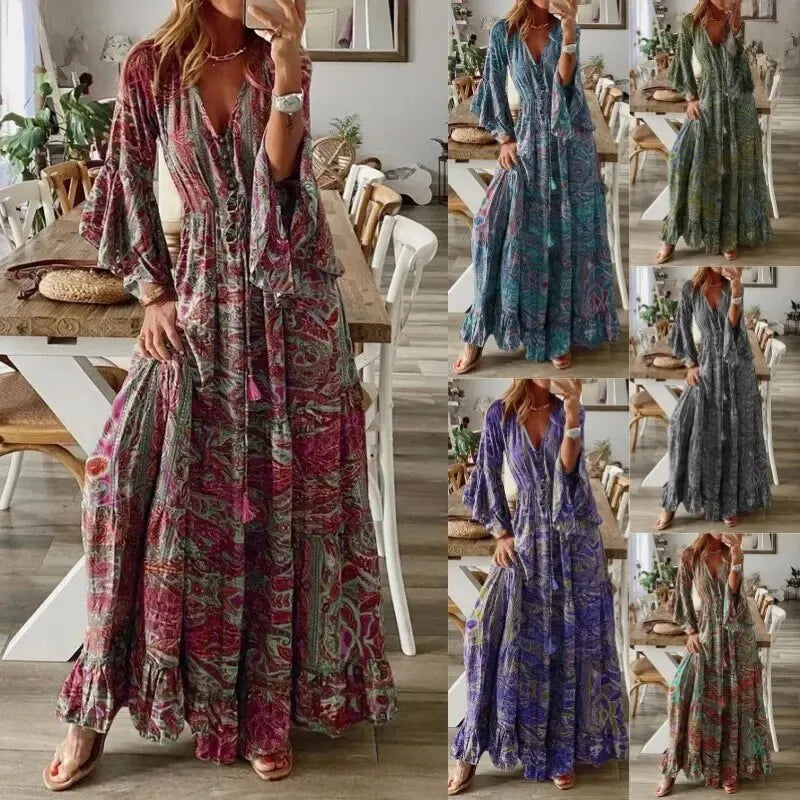 "Robe longue bohémienne chic d'été, manches évasées, motifs floraux, taille haute flatteuse, col en V élégant."
