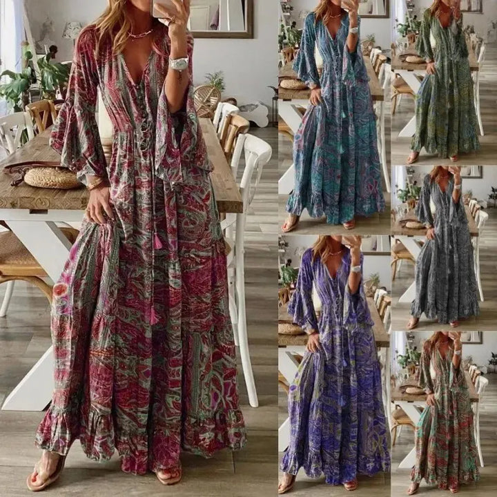"Robe longue bohémienne chic d'été, manches évasées, motifs floraux, taille haute flatteuse, col en V élégant."