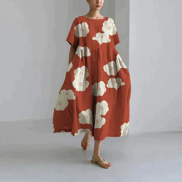 "Robe longue décontractée été, imprimé floral rose, style bohème élégant, coton doux, coupe fluide féminine."