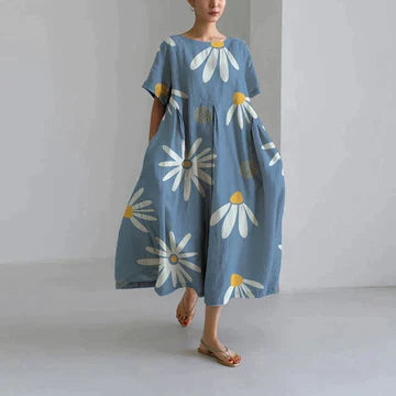"Robe longue décontractée été, imprimé floral rose, style bohème élégant, coton doux, coupe fluide féminine."