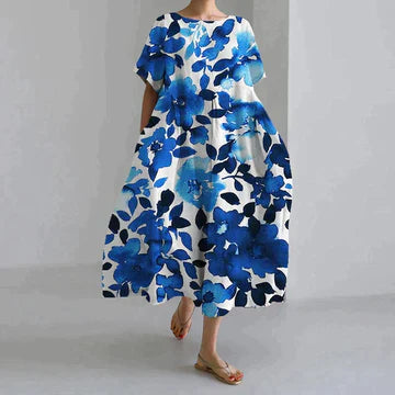 "Robe longue décontractée été, imprimé floral rose, style bohème élégant, coton doux, coupe fluide féminine."