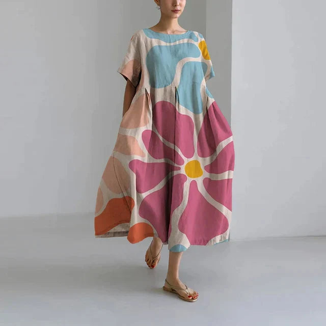 "Robe longue décontractée été, imprimé floral rose, style bohème élégant, coton doux, coupe fluide féminine."