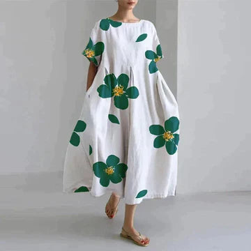 "Robe longue décontractée été, imprimé floral rose, style bohème élégant, coton doux, coupe fluide féminine."