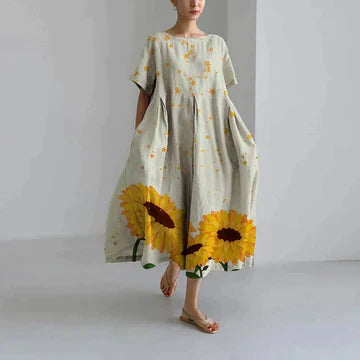 "Robe longue décontractée été, imprimé floral rose, style bohème élégant, coton doux, coupe fluide féminine."