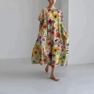 "Robe longue décontractée été, imprimé floral rose, style bohème élégant, coton doux, coupe fluide féminine."