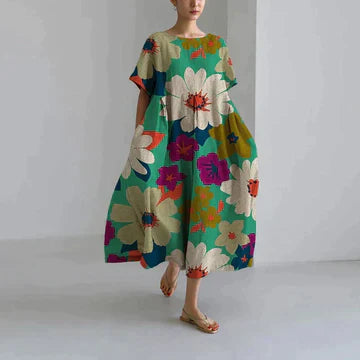 "Robe longue décontractée été, imprimé floral rose, style bohème élégant, coton doux, coupe fluide féminine."