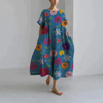 "Robe longue décontractée été, imprimé floral rose, style bohème élégant, coton doux, coupe fluide féminine."