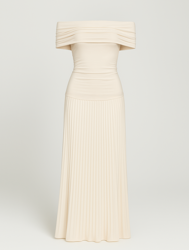 Robe longue élégante à épaules dénudées, idéale pour événements formels, détail allure et sophistication.