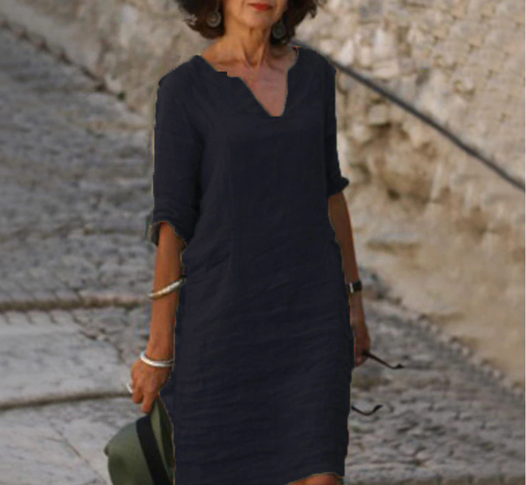 "Robe longue en lin Solènea, col V, manches longues, élégante et confortable pour toutes saisons"