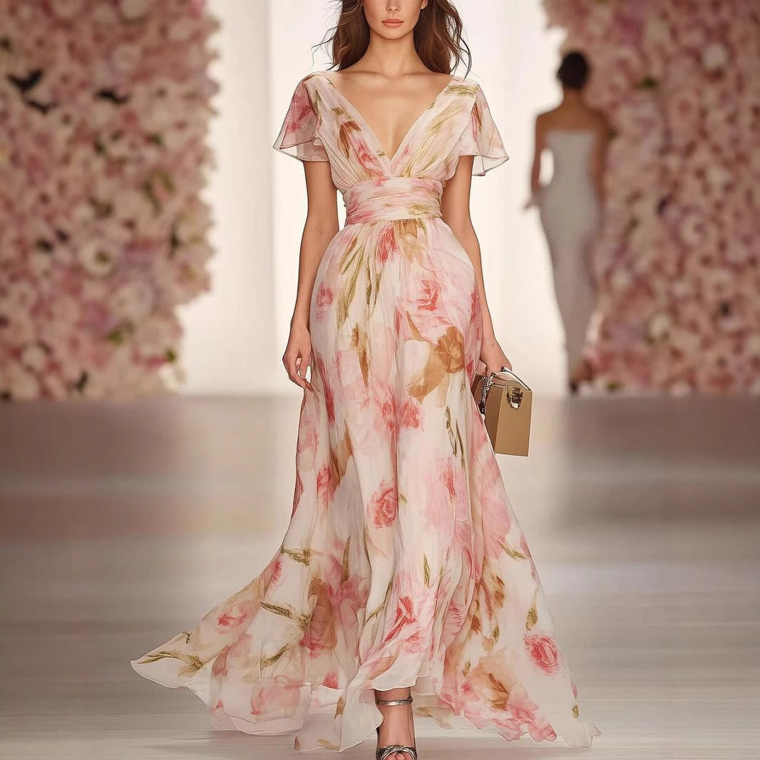 Robe longue évasée femme avec imprimé floral, col V profond, manches volantées, élégante pour occasions spéciales.