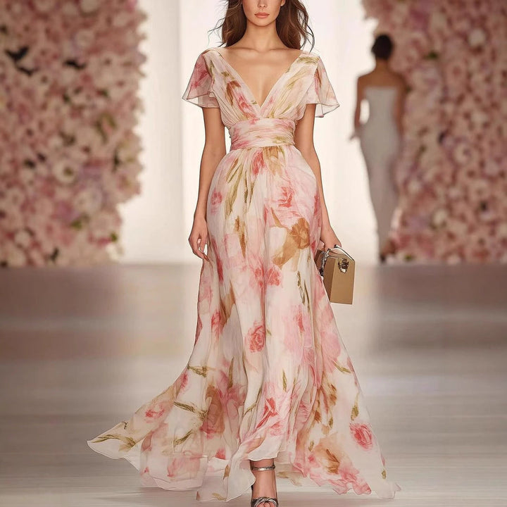 Robe longue évasée femme avec imprimé floral, col V profond, manches volantées, élégante pour occasions spéciales.