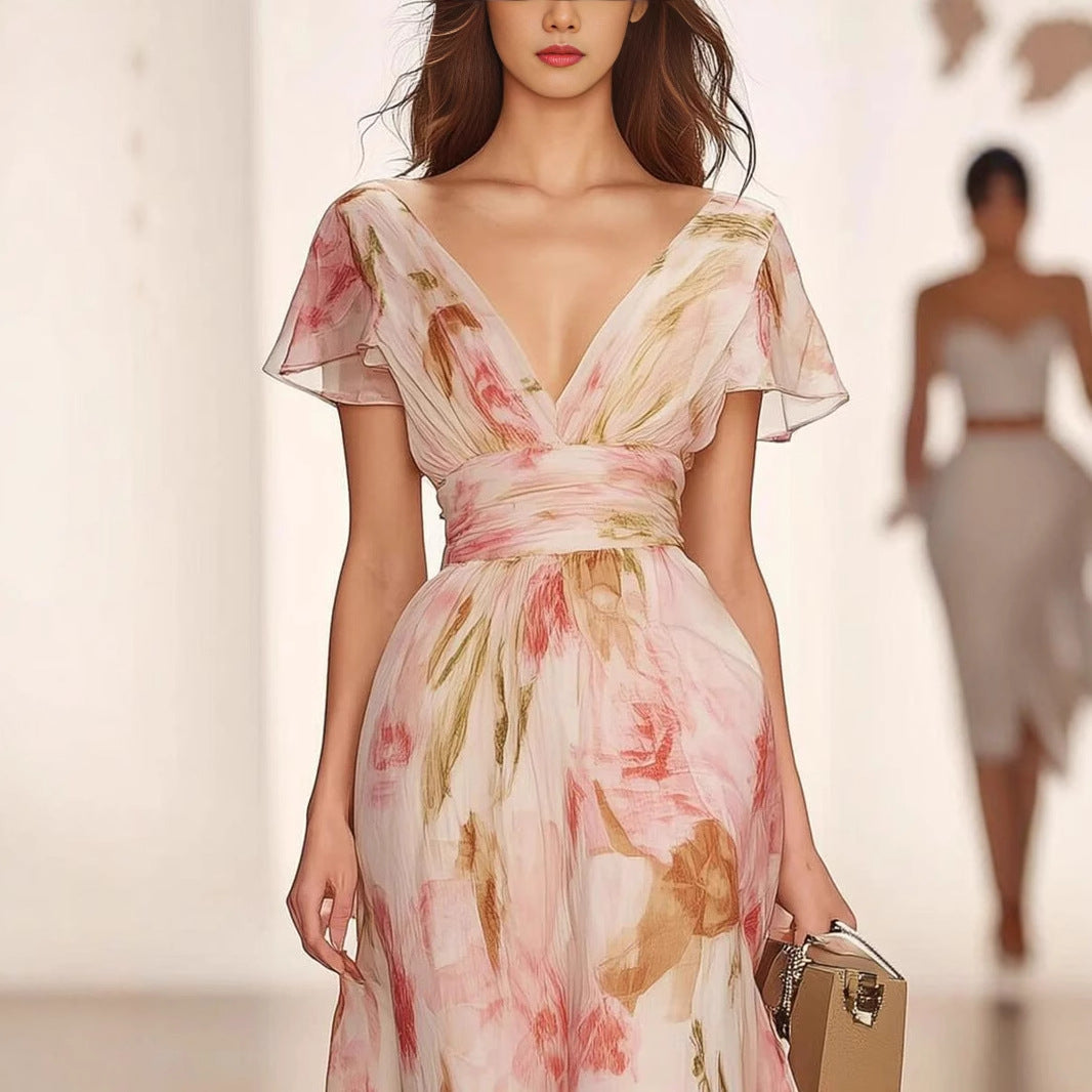 Robe longue évasée femme avec imprimé floral, col V profond, manches volantées, élégante pour occasions spéciales.