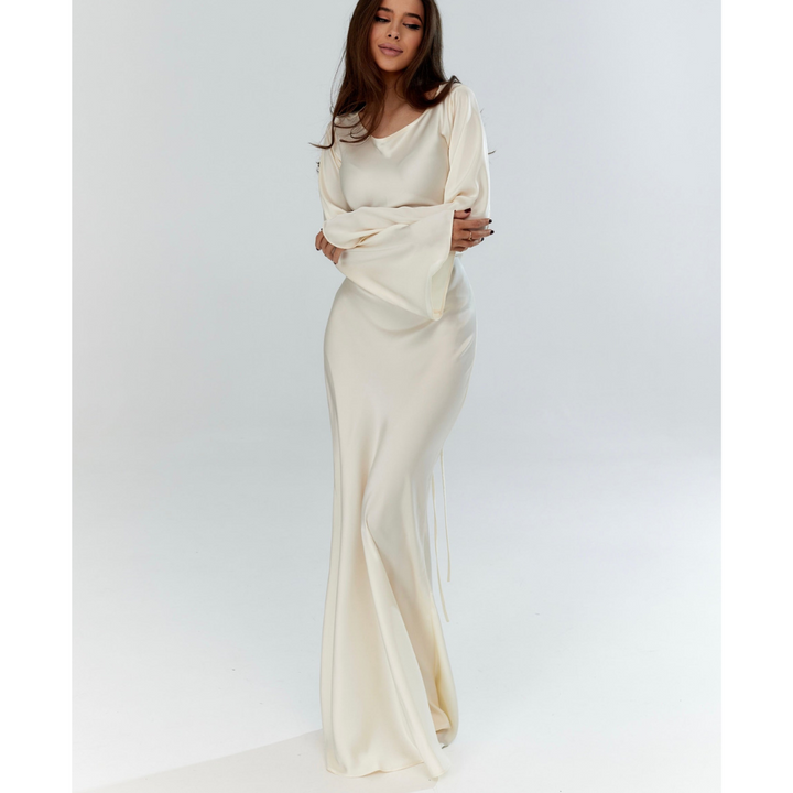 "Robe longue fluide femme, manches évasées, ivoire, choco, noir, sable, bordeaux, élégante et confortable, détails sophistiqu