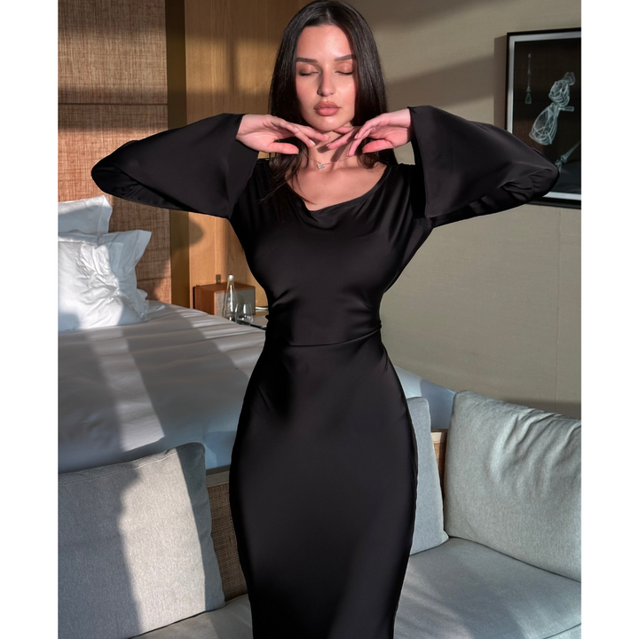 "Robe longue fluide femme, manches évasées, ivoire, choco, noir, sable, bordeaux, élégante et confortable, détails sophistiqu