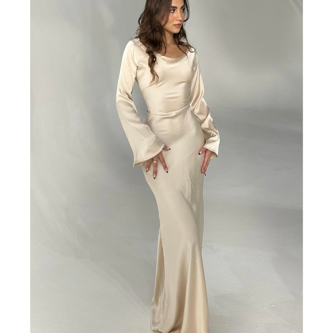 "Robe longue fluide femme, manches évasées, ivoire, choco, noir, sable, bordeaux, élégante et confortable, détails sophistiqu