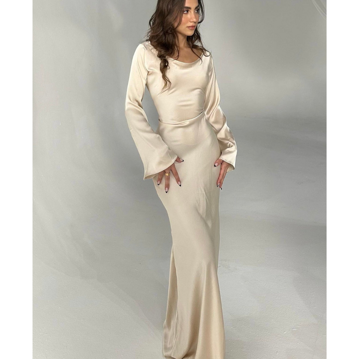 "Robe longue fluide femme, manches évasées, ivoire, choco, noir, sable, bordeaux, élégante et confortable, détails sophistiqu