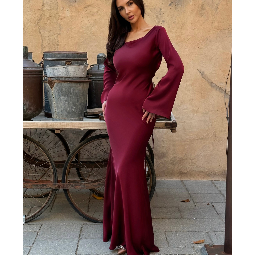 "Robe longue fluide femme, manches évasées, ivoire, choco, noir, sable, bordeaux, élégante et confortable, détails sophistiqu