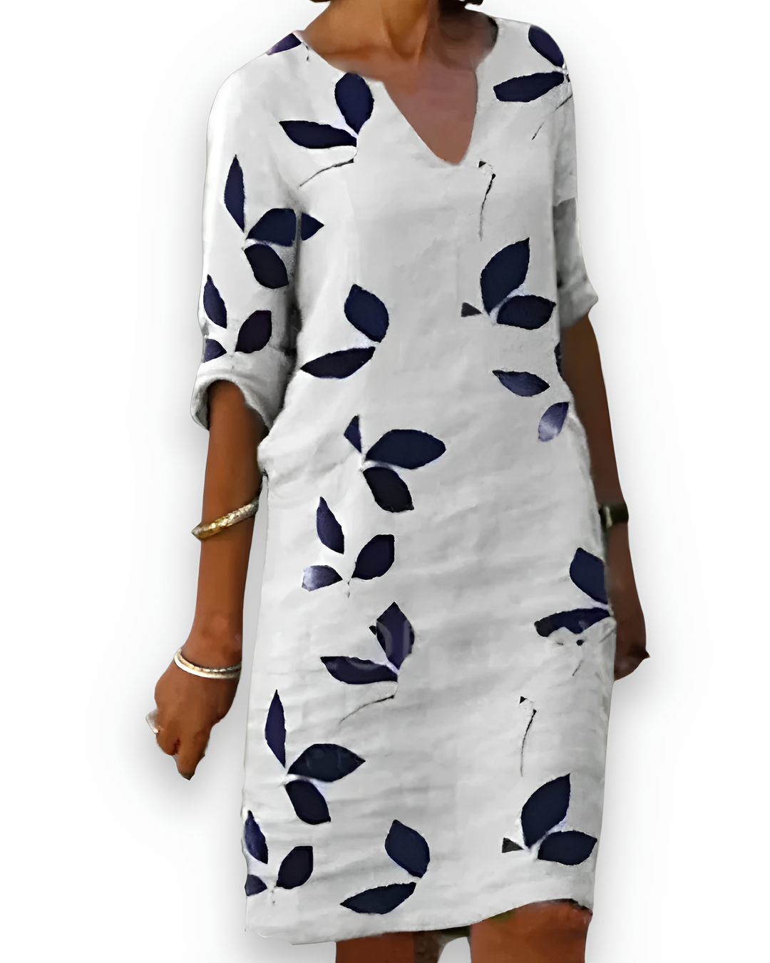 "Robe longue fluide femme, tissu léger, col V, motif feuillage, pour un confort et style estival élégant."