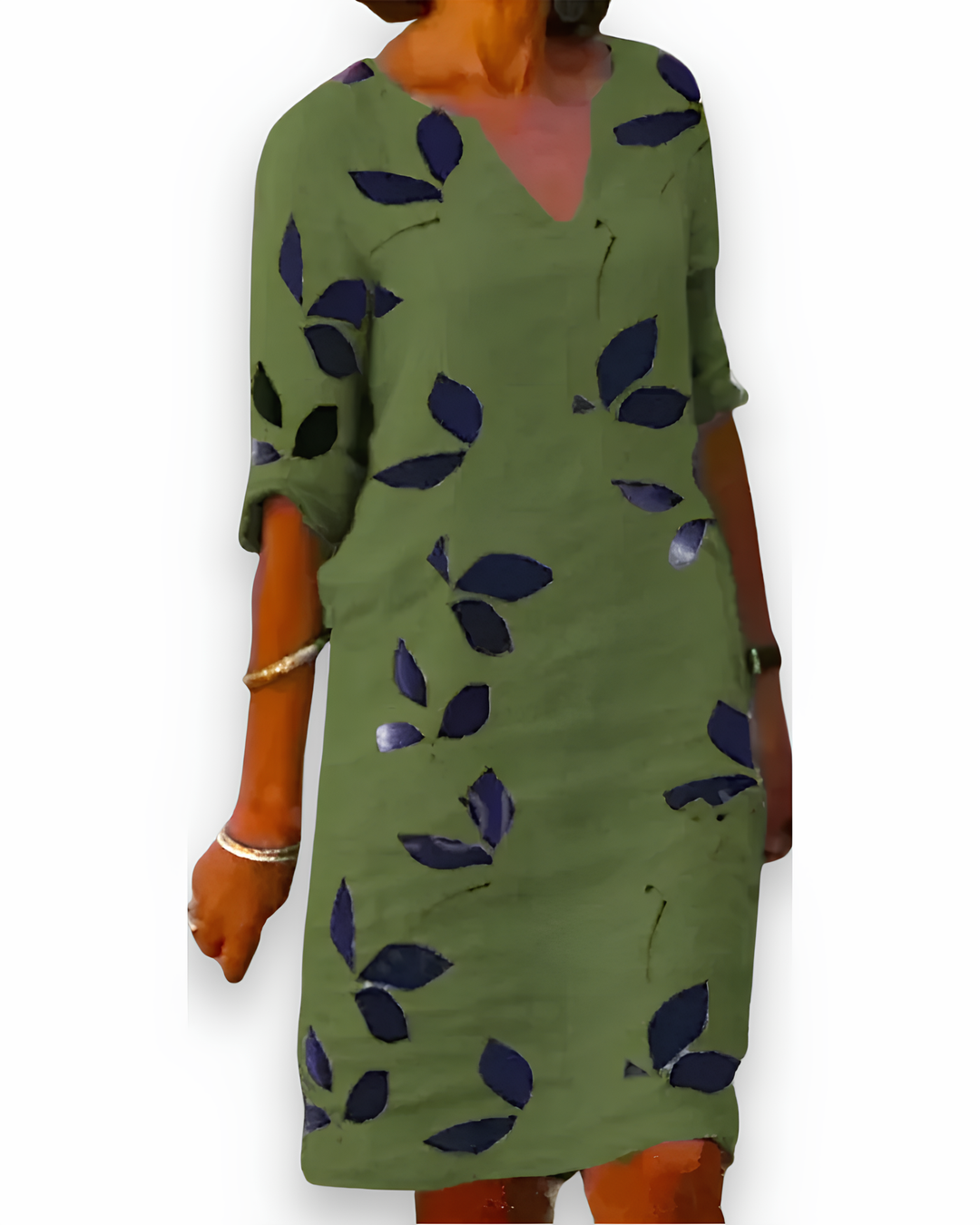 "Robe longue fluide femme, tissu léger, col V, motif feuillage, pour un confort et style estival élégant."