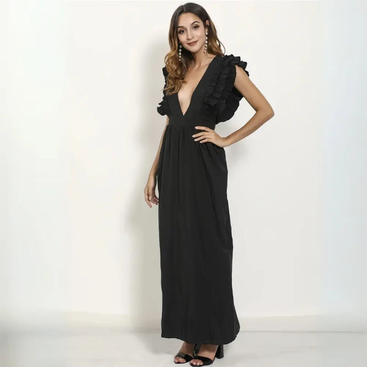 "Robe maxi à volants élégante pour femme avec décolleté profond, parfaite pour soirées estivales et occasions spéciales."