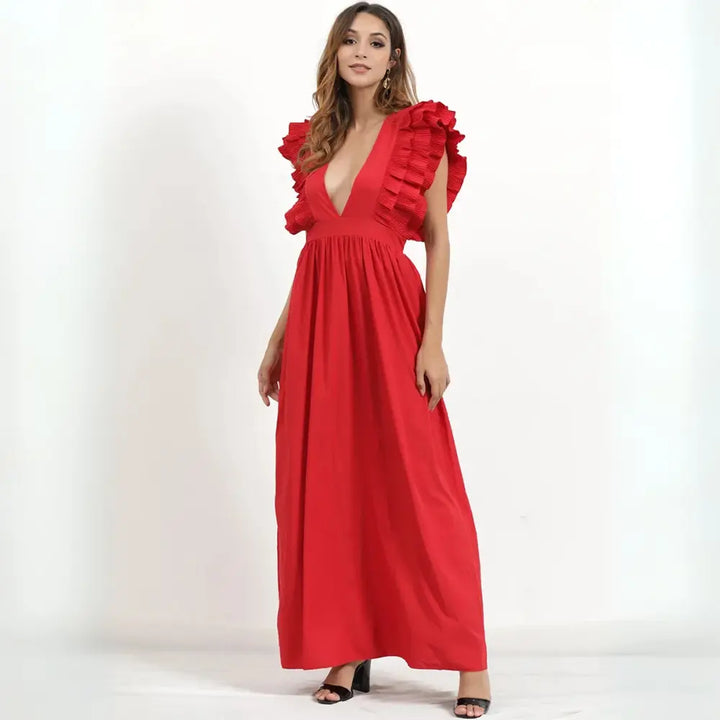 "Robe maxi à volants élégante pour femme avec décolleté profond, parfaite pour soirées estivales et occasions spéciales."