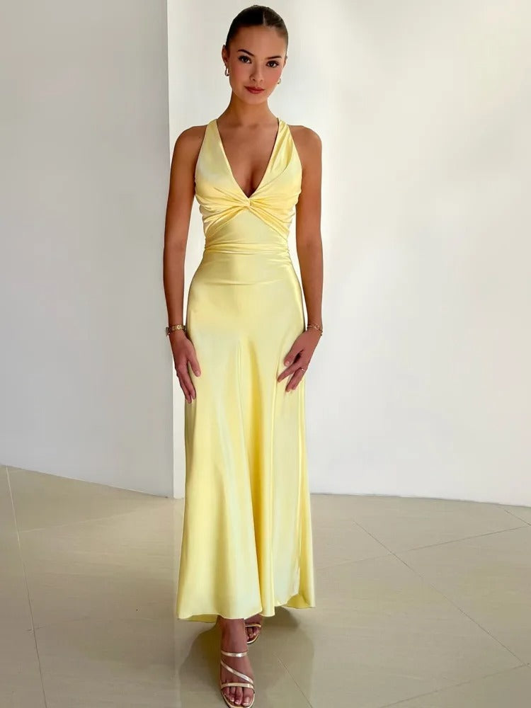 "Robe maxi élégante A-Line sans manches, encolure V, parfaite pour occasions spéciales, allure sophistiquée."