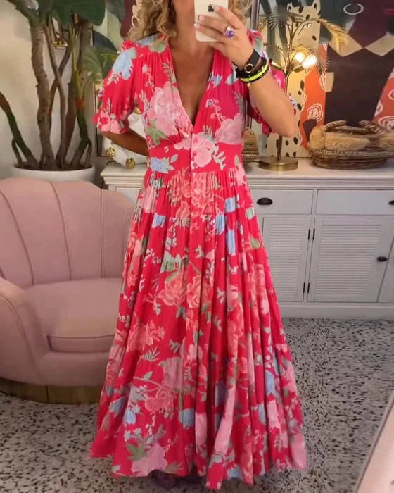 "Robe maxi évasée col V, imprimé floral vibrant, manches bouffantes, style chic et élégant pour femme"